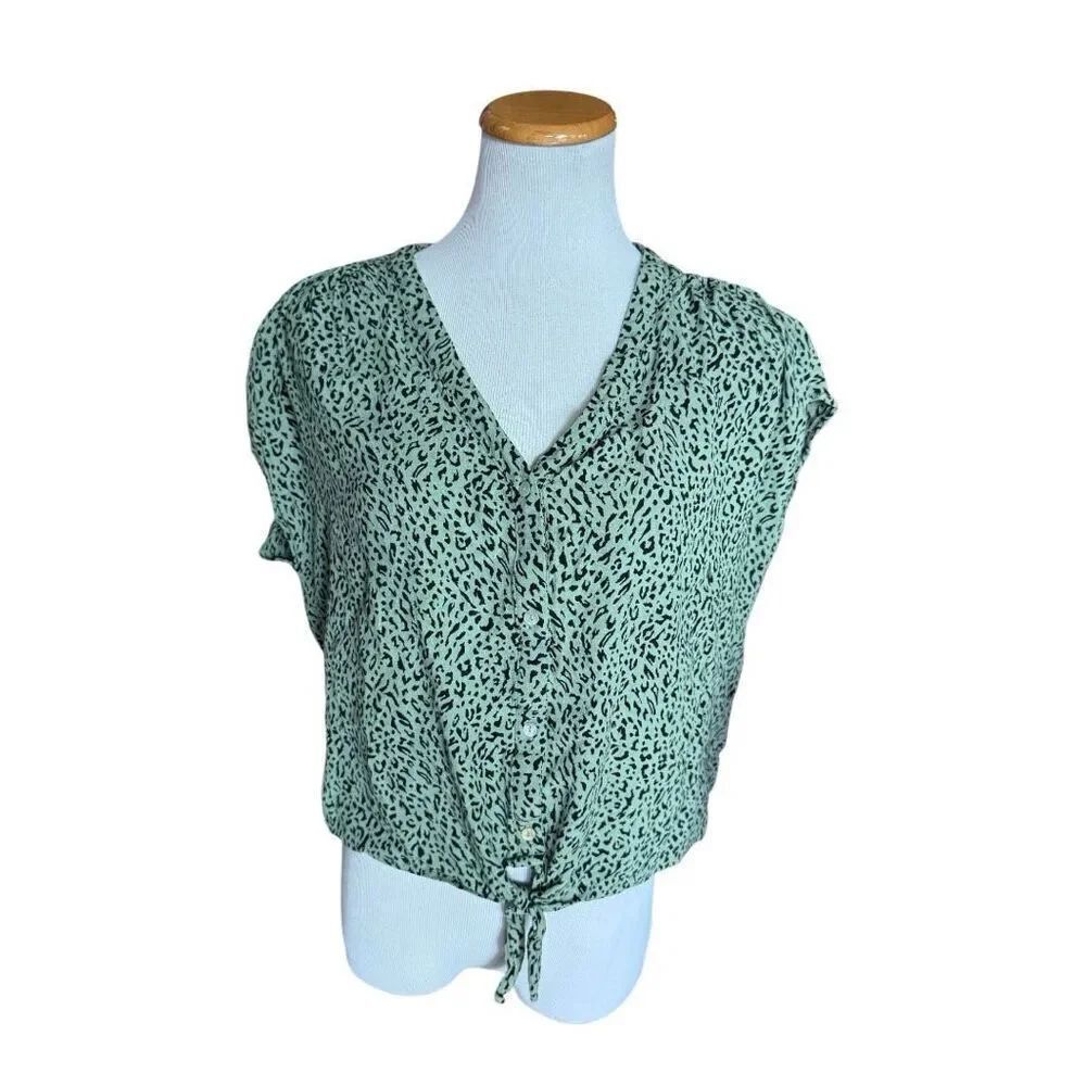 Womens Mi Ami Cheetah Animal Print Green Tie Waist Button Up Top Blouse - Sz L